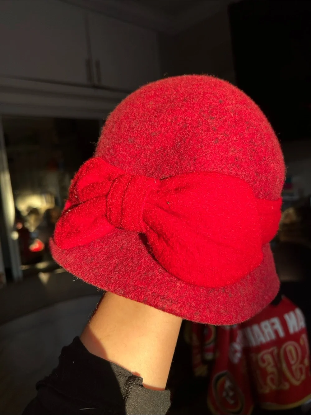 Red Wool Bow Cloche Hat